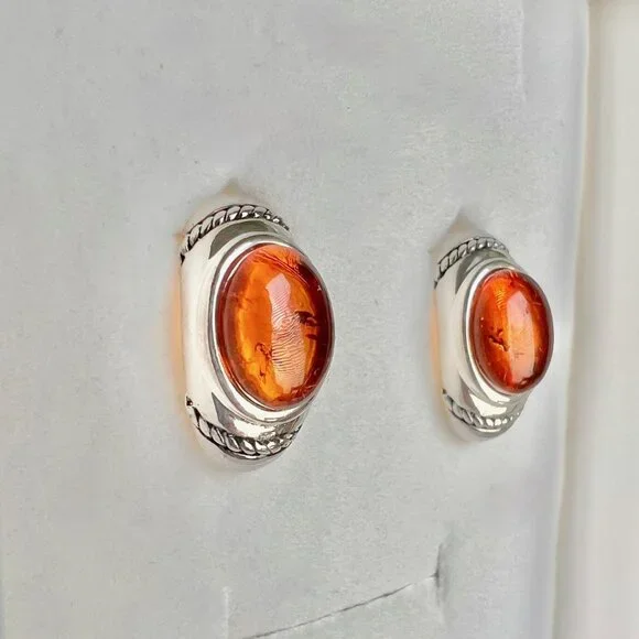 Vintage Sterling Silver Amber Earrings, Sterling Silver Earrings, Amber J - Picture 1 of 10